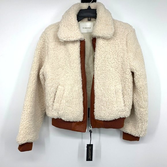 Blank NYC Jacket Faux Sherpa Leather Trim Beige Brown Full Zip - Picture 7 of 15